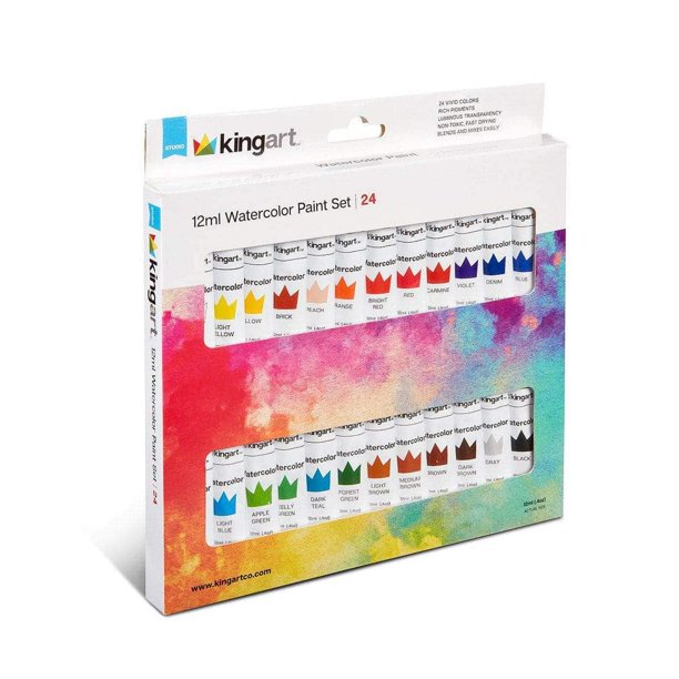 KINGART® Studio Watercolor Paint, 12ml (.4oz), Set of 24 Unique Colors