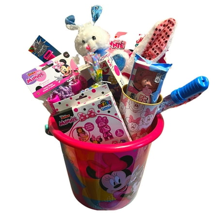 Minnie Mouse Easter Basket, Prefilled Gift Bucket With Rabbit Plush Toy, Headband, Dough Kitchen Set Jumping Rope Candies For Kids Girls Spring Summer Holiday Birthday Care Package (Contents Vary)