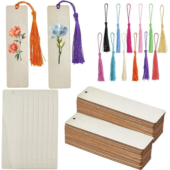 36Pcs Blank Wood Book Marks Blank Wooden Bookmarks with Tassels Bookmark Making Kit Hanging Gifts Tags Wood Book Markers Blanks for DIY Crafts Wedding Party Birthday Favor Decoration Adult diy