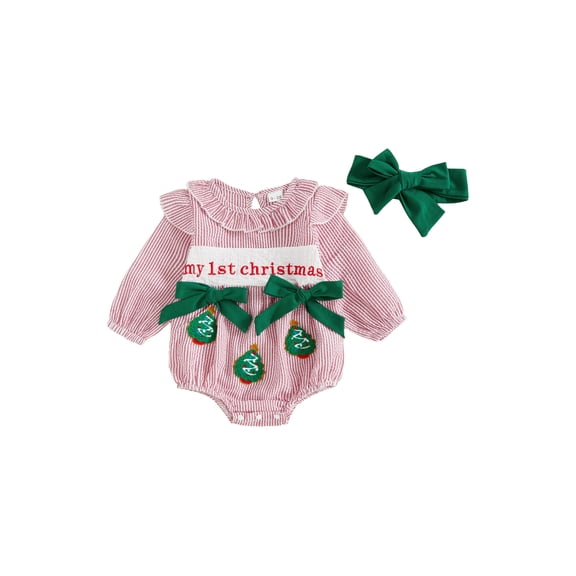 BemeyourBBs Baby Girl Striped Christmas Romper Long Sleeve Bodysuit with Headband