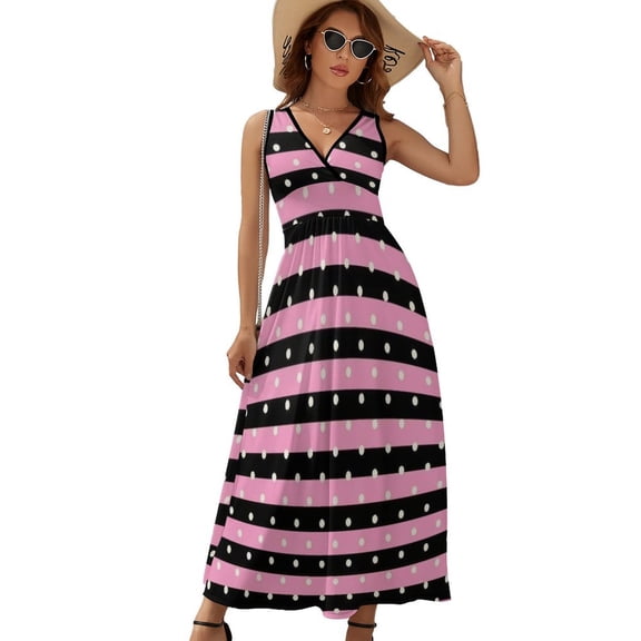 White Polka Dots, Black And Pink Stripes Sleeveless Dress Dresses Women Summer Evening Dresses Ladies Bohemia Long Dresses