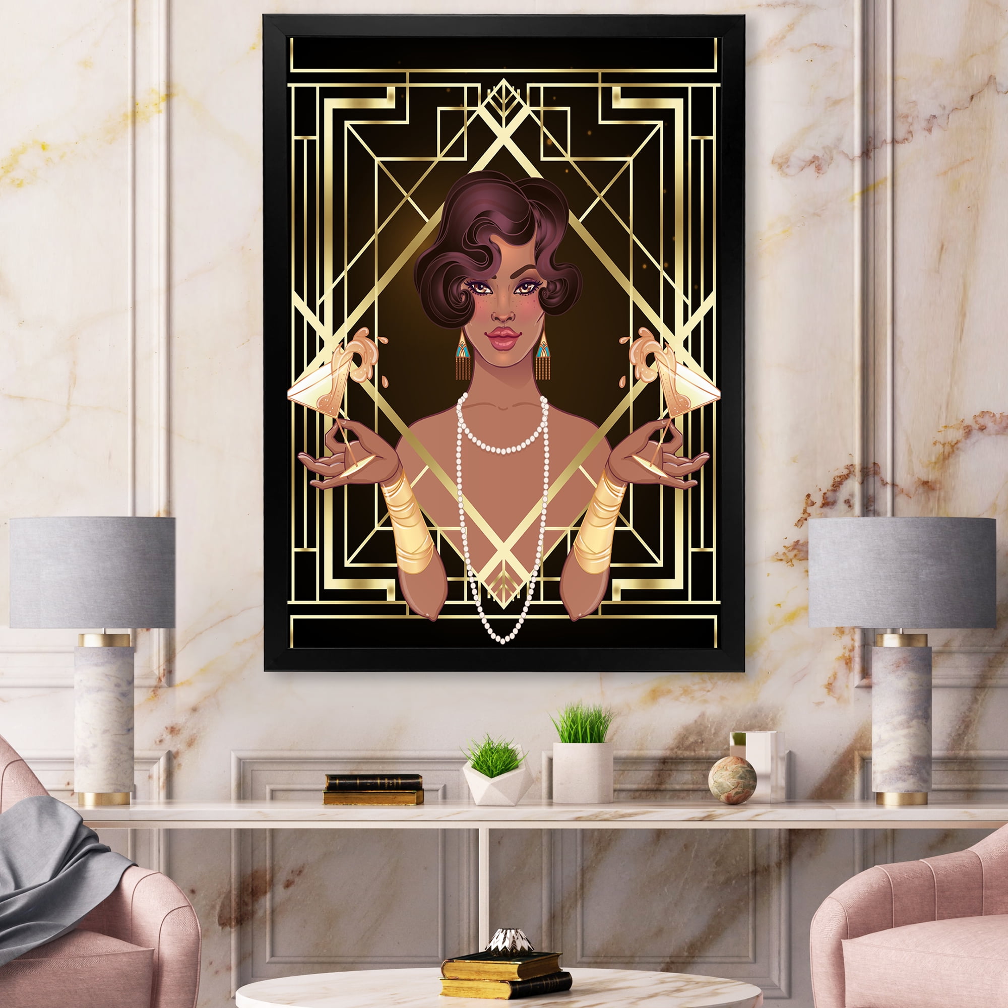 Designart 'Retro Girl In Golden Art Deco Geometrics I' Modern Framed Art Print