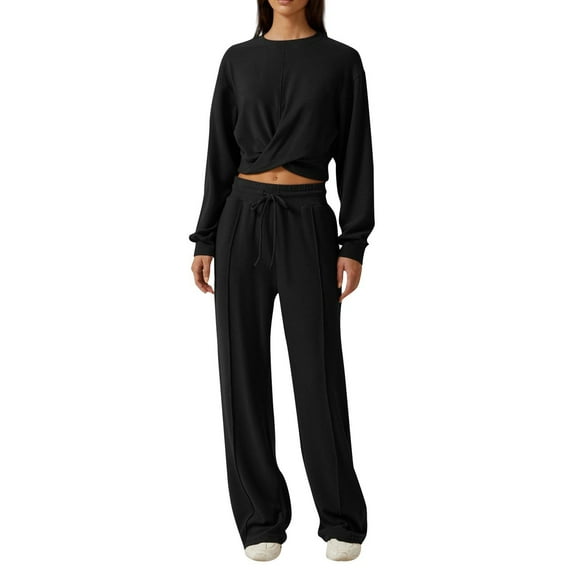 2 Pcs/Set Women Top Pants Set Round Neck Long Sleeve Crop Top Drawstring Elastic Waist Wide Leg Sweatpants Sport Outfit Spring Autumn Tracksuit