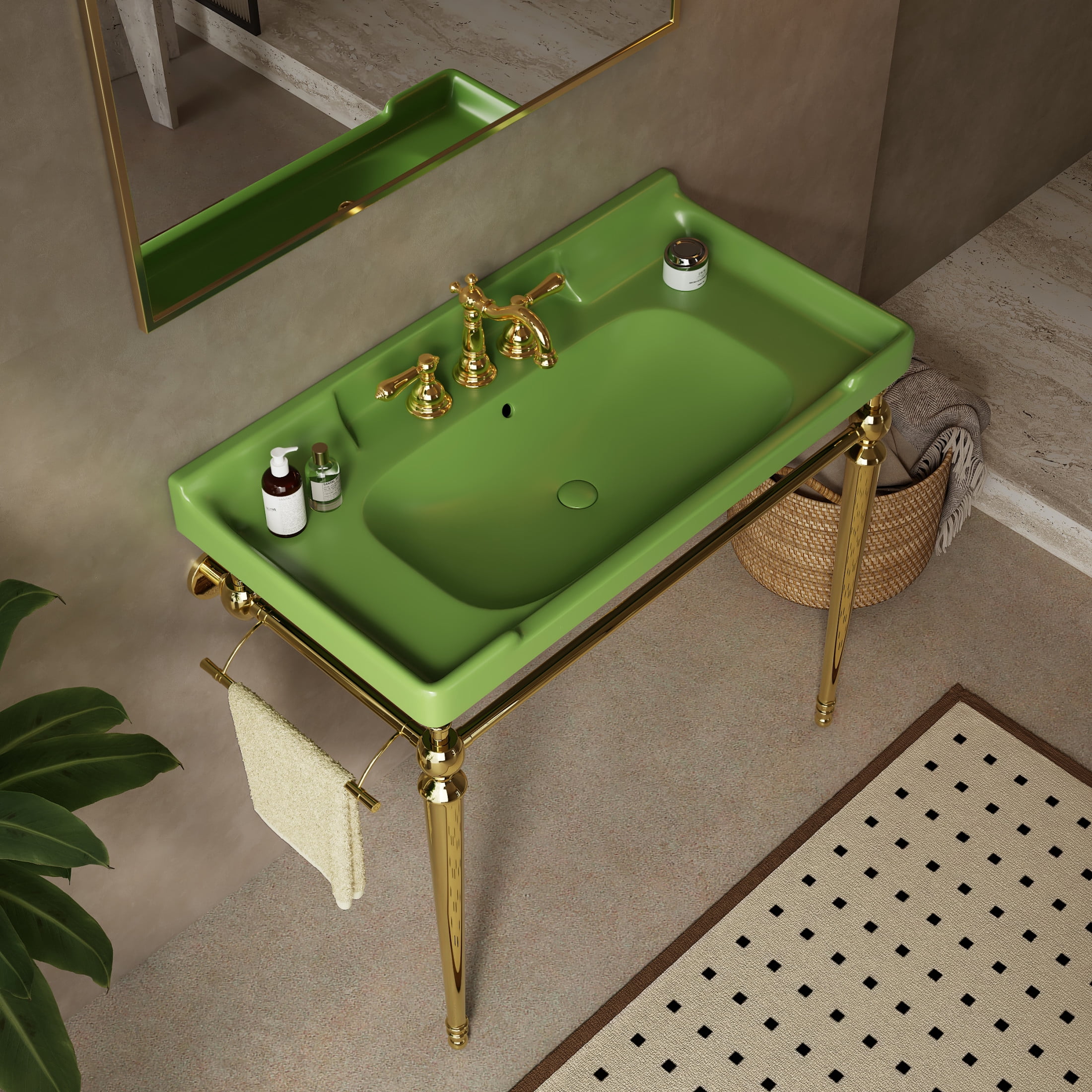 Noble House VICI 36" Bathroom Console Sink, Wall-Mounted Ceramic Basin Vanity with Stainless Steel Legs, Green & Gold