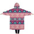 thumbnail image 2 of Oversized Wearable Blanket Hoodie,Pink and Teal Geometric Boho Pattern Sherpa Blanket Hoodie with Super Pockets,Super Warm Fuzzy Pullover for Women & Men, 2 of 6