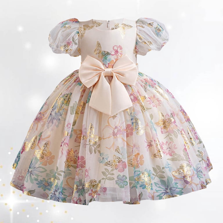 Girl Dresses Short Sleeve Flowers Embroidered Elegant Full Length Wedding  Dresses Girls Dress Beige 18-24 Months