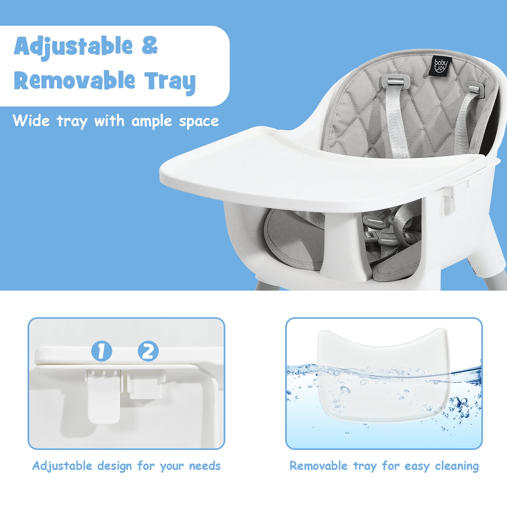 Babyjoy 4 in 1 Baby High Chair Convertible Toddler Table Chair Set with PU Cushion Gray
