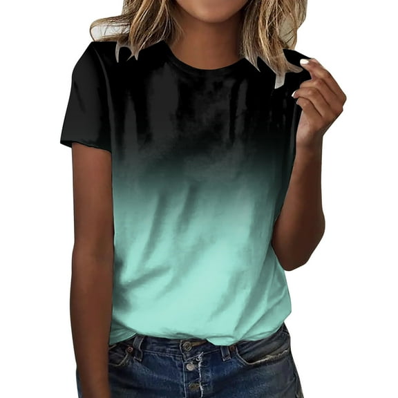 Womens Casual T-Shirt Crew Neck T-Shirts Gradient Printed Loose Fit Short Sleeve Blouses Fall Summer Fashion Clothes