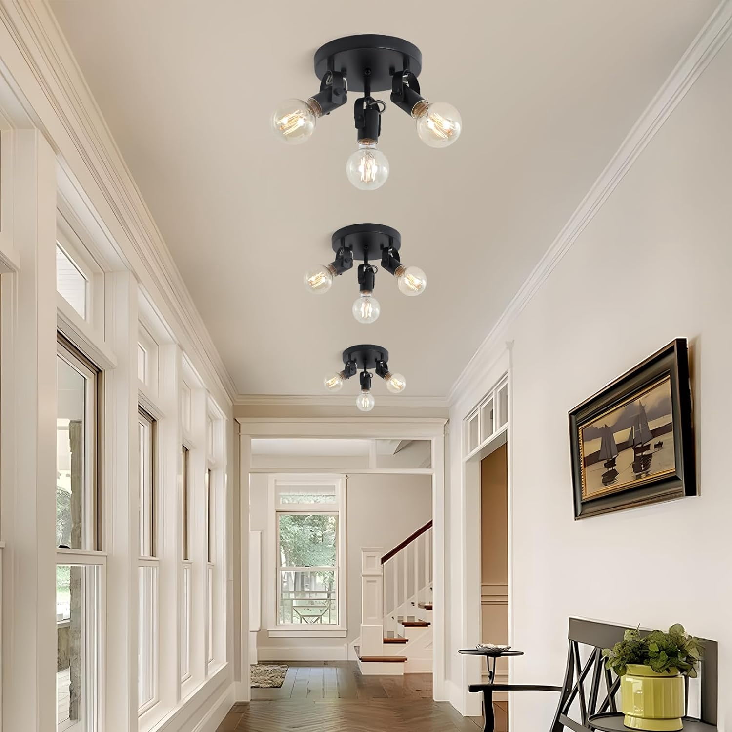 3-Light Flush Mount Ceiling Spotlight，Multi-Directional Track Lighting Fixtures Ceiling with Open No Shade Design, Black Kitchen Light for Island, Sink,Dining Room, Hallway (E26, Bulb Not Included)