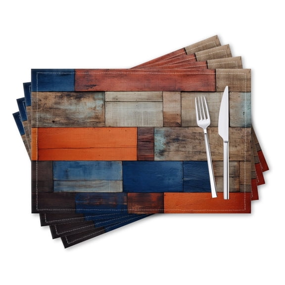 BaHomeck placemats Set of 4 rectangle Linen Cotton Placemats for Dining Table Washable Heat Resistant,18*12inch,Colorful Wooden Wall With Orange ,Blue And Brown