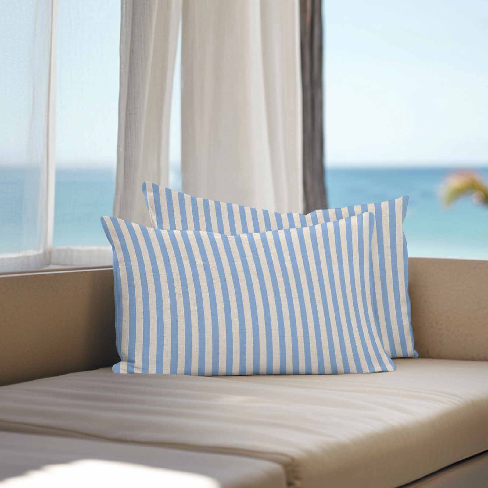 Outdoor Waterproof Throw Pillow Covers Set of 2 Blue Stripes Pillowcases Lumbar Outdoor Pillows Cushion Case 20x12 Inch Linen Classic Vertical Striped Patio Pillows for Couch Sofa Bed Garden