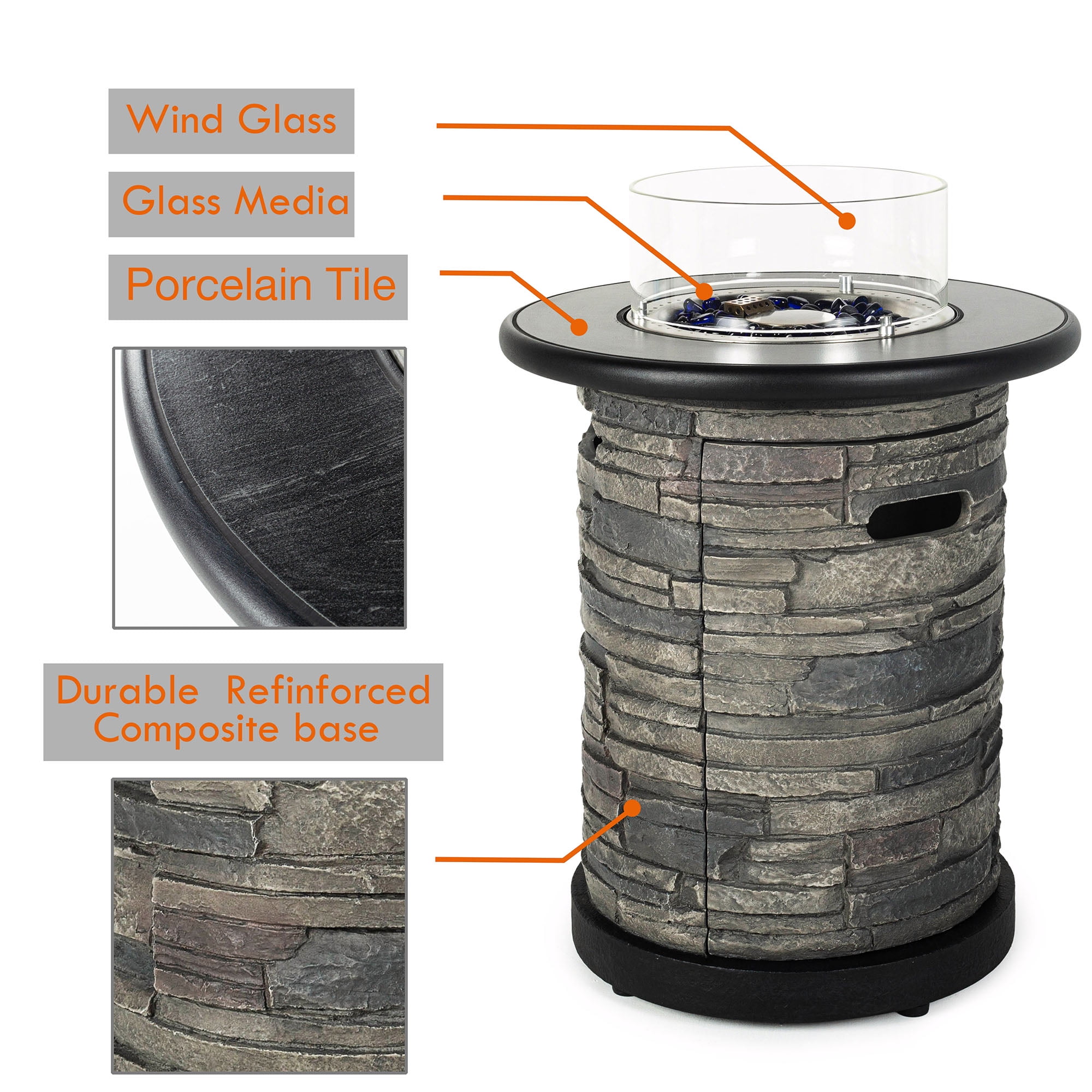 BAIDE HOME 22" Column Outdoor Propane Fire Pit, 40,000 BTU Round Gas Fire Bowl with Porcelain Tile Top, Wind Glass Shield, Glass Rocks, Cover