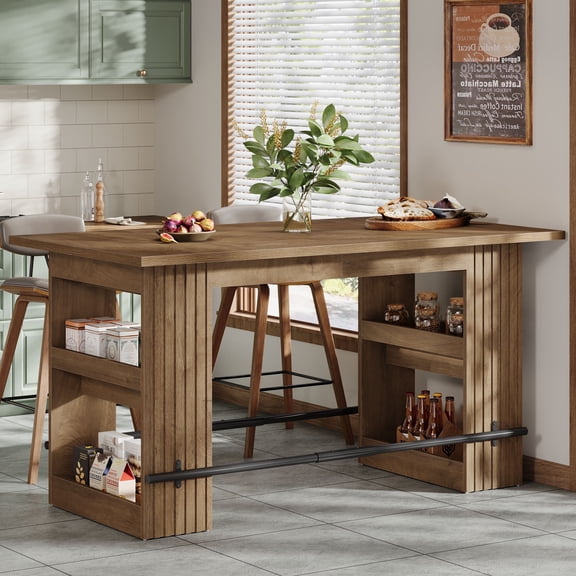 Finmind Industrial Bar Table with Storage Shelves, 63-inch  Counter Height Pub Dining Table, Rectangular Home Bar Units with Footrest for Kitchen, Dining Room,  Rustic Brown