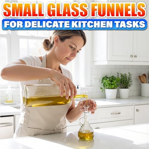 6-Pack Clear Glass Funnels with Handle for Easy Pouring, Thick Spill-Resistant Design for Kitchen, Lab, DIY Use with Liquids and Oils, Includes 2 Cleaning Brushes for Simple Maintenance