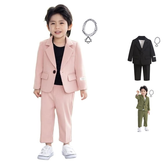 WhouRiu Boys Formal Outfits Kids Suit Jacket Pants And Necklace Sets Fall Party Performance Clothes