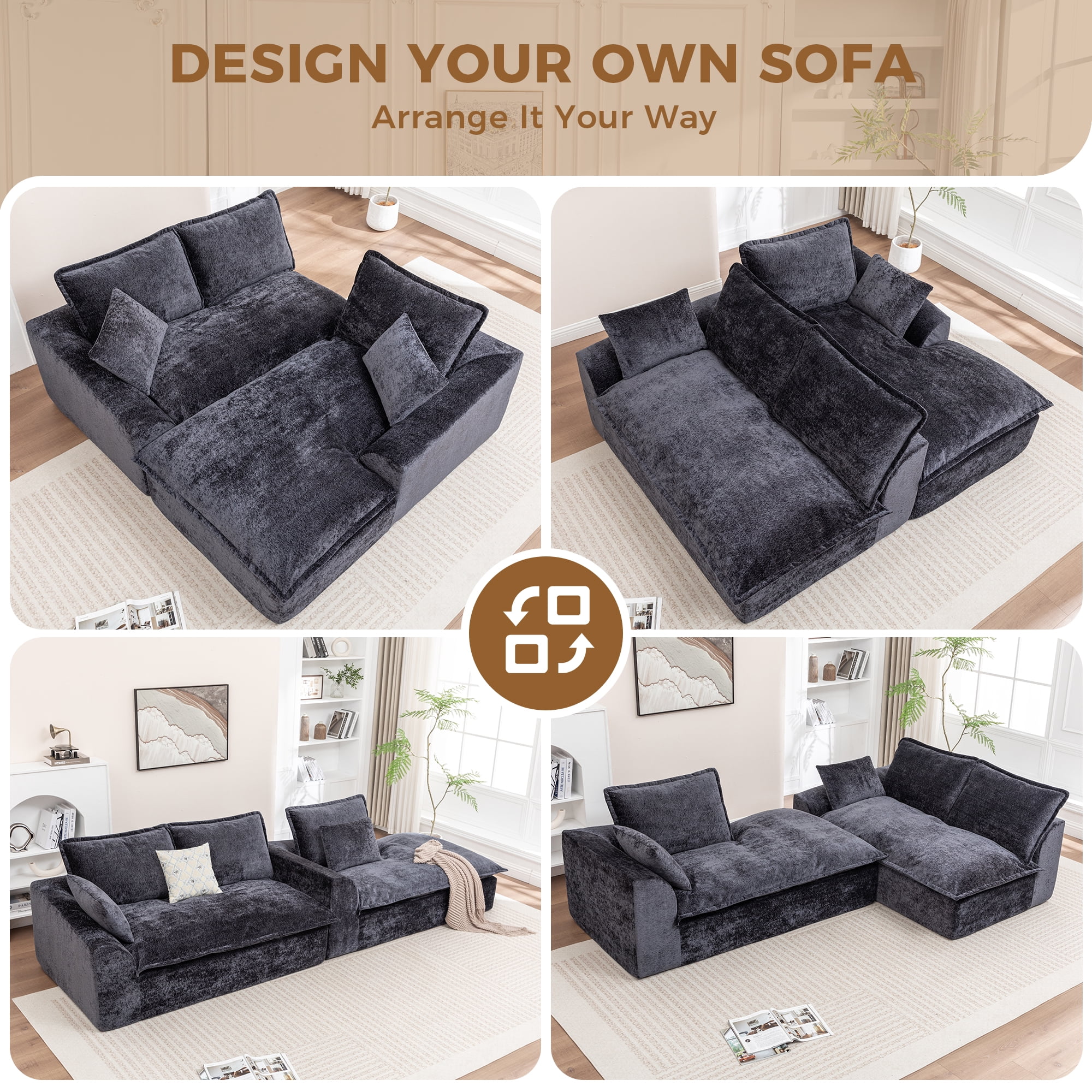 LEHZROAJ 103" Chenille Compressed Sofa,L Shaped Sectional Couch Pillows No Assembly Required for Living Room(Black,Left)