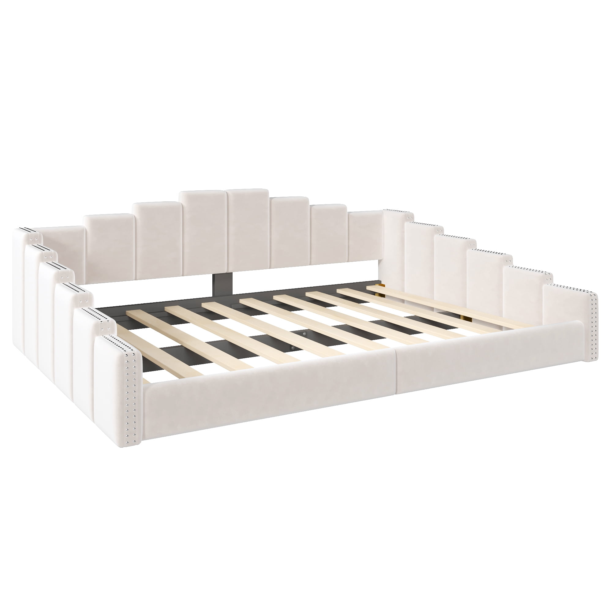 Euroco Upholstery Queen Size Daybed, Velvet Sofa Platform Bed with Nailhead Trim, No Box Spring Needed, Beige