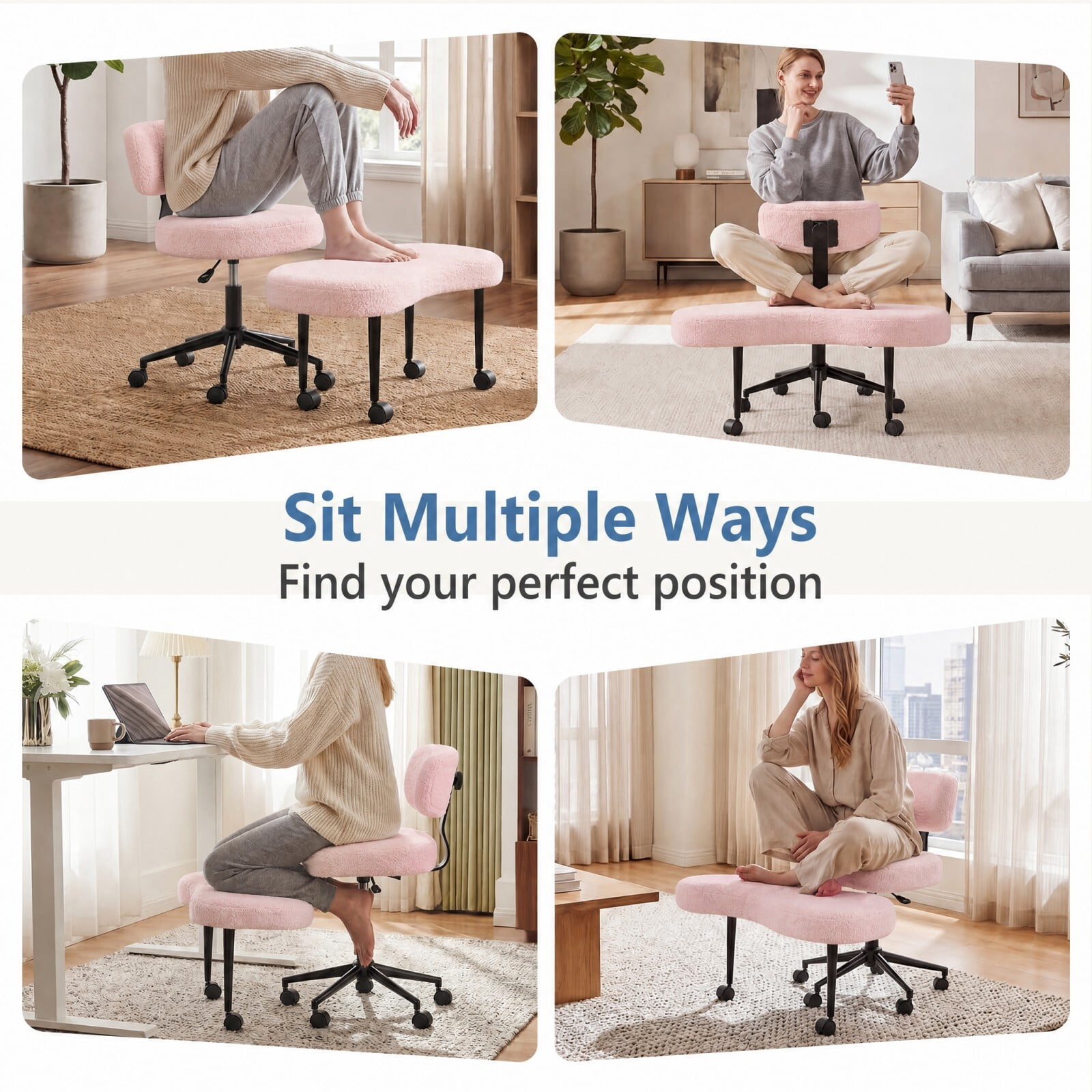 Kelno Cross Legged Meditation Chair with 360° Swivel Footrest Adjustable Backrest Ergonomic Teddy Fleece Office Chair, Pink