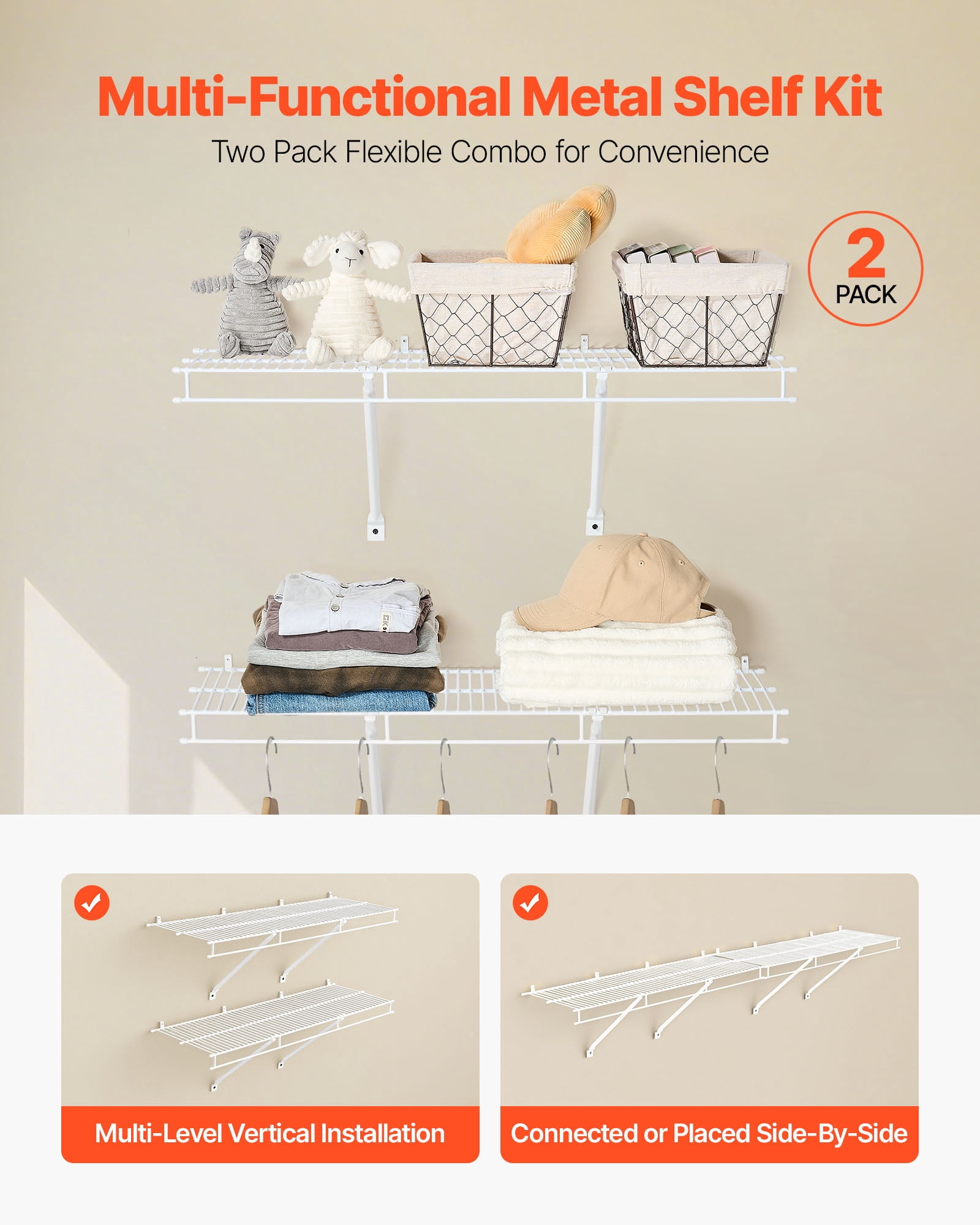 VEVOR Wire Shelf Kit, 3 ft, Set of 2, Wall Mounted Wire Shelves, Heavy-Duty Carbon Steel Hanging Shelf, Floating Wall Storage Shelves with Dip Coating, for Closet, Bedroom, Living Room, Office,Pantry