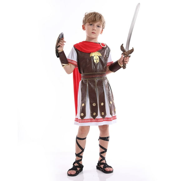 Roman Gladiator Costume Kidsï¼Spartan Warriors Costumes For Childï¼Fearless Soldier Helmet with Red Cape outfit Boys(Medium)