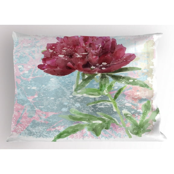 Ambesonne Retro Pillow Sham, Peony Blossoms Growth, 26" X 20", Fern Green Pale Blue