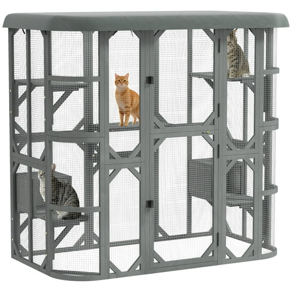 PawHut Catio Outdoor Cat Enclosure, 71" Wooden Cat House with 2 Condos
