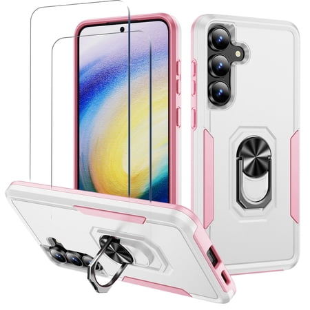 for Samsung Rugged Case,Military Grade Drop Protection,2 Pack Screen Protector,Rotatable Metal Ring Holder Stand,Heavy-Duty Shockproof Cover for Galaxy S26 FE 2026(White)