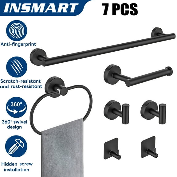 INSMART 7 Pieces Bathroom Hardware Set, Stainless Steel Towel Bar Set Includes 24 inch Towel Bar, Towel Hook, Towel Ring Toilet Paper Holder