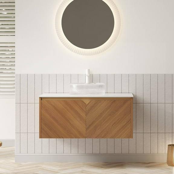 Modern Bathroom Vanity RUBEN 36" Bathroom Vanity&Sink, Floating Plywood Storage Cabinet, Twill Double Doors with Metal Trim, Transparent Round Glass Vessl Basin&Carrara White Sintered Stone Top, Coro