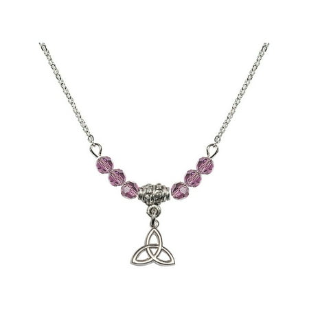18-Inch Rhodium Plated Necklace with 4mm Light Purple February Birth Month Stone Beads and Trinity Irish Knot