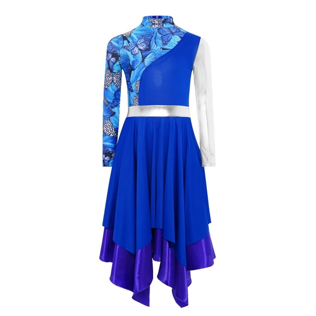 inlzdz Kids Girls Lyrical Praise Dance Dress Color Block Printed Worship Robe Metallic Irregular Blue 10