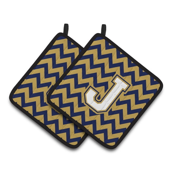 Letter J Chevron Navy Blue and Gold Pair of Pot Holders