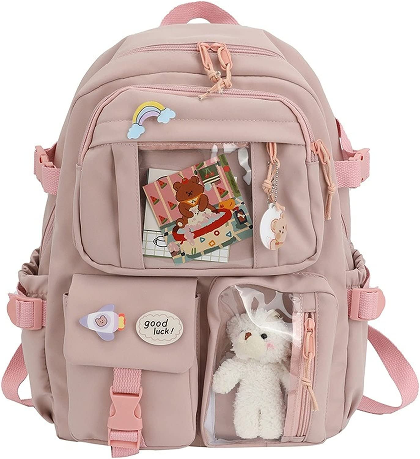 Kawaii Preppy Backpack with Bear Pendant & Pins - Student Cute Back To ...