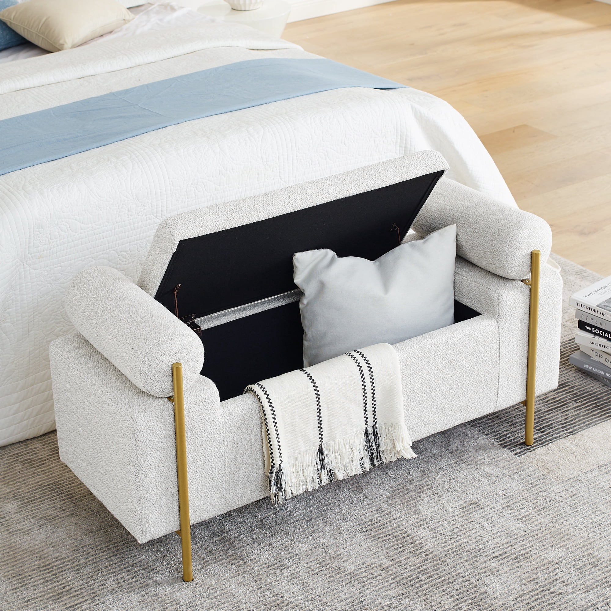 PORKISS 44” Storage Bench, Linen Upholstered Storage Ottoman with Metal Legs, Modern Long End of Bed Seat with Cylindrical Arms for Living Room, Bedroom, Entryway, White