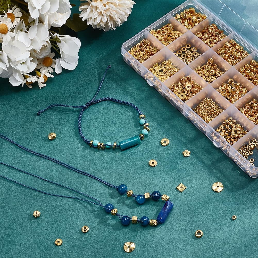 PH 900pcs Golden Spacer Beads 18 Styles Tibetan Flower Rondelle Beads Bicone Snowflake Spacers Beads Alloy Loose Beads for Bracelet Necklace Earring Jewelry Making gold DIY