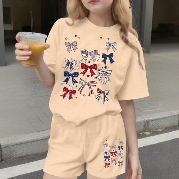 ATOGUTA Girl Everyday Outfits Kids Short Sleeve T-Shirts Elastic Waist Shorts Casual Summer Clothing Sets 4th of July Size 3T-15, Beige