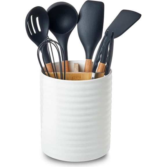 Utensil Holder, White Ceramic Utensil Holder for Countertop, 7.2" Large Cooking Utensil Crock for kitchen counter with Divider Board, Morden Countertop Organizer for Spatula, Kitchen Decor