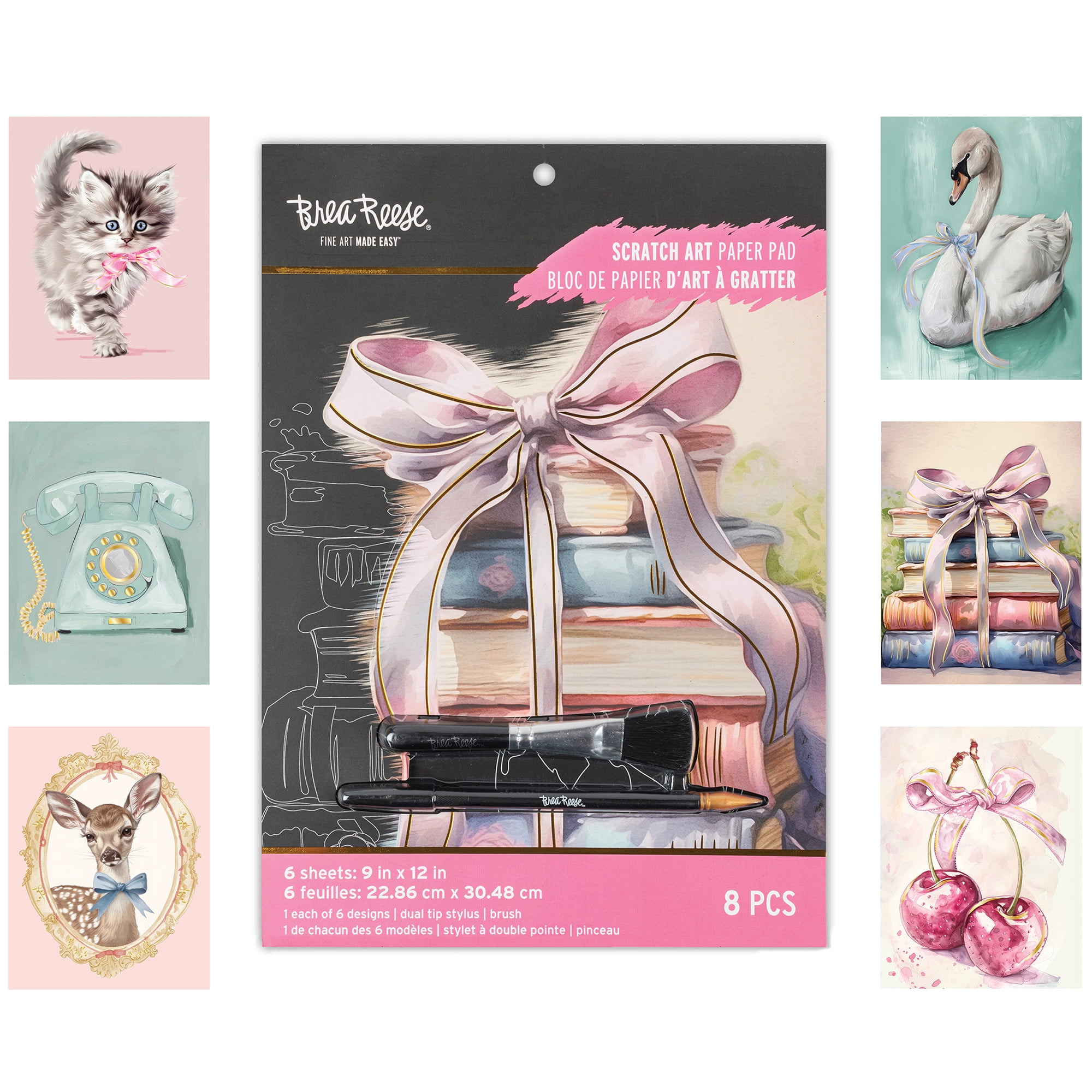 Brea Reese: Scratch Art Paper Pad - Pretty In Pink - 6 Pastel Designs, Guided Art, Metallic Accents, Dual-Tip Stylus & Brush, 9x12" Pages, Adult Craft