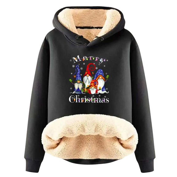 Lovskoo Christmas Sweatshirts for Women Fall Winter Fleece Thick Warm Plush Solid Pocket Long Sleeve Tops Hooded Sweatshirt Black