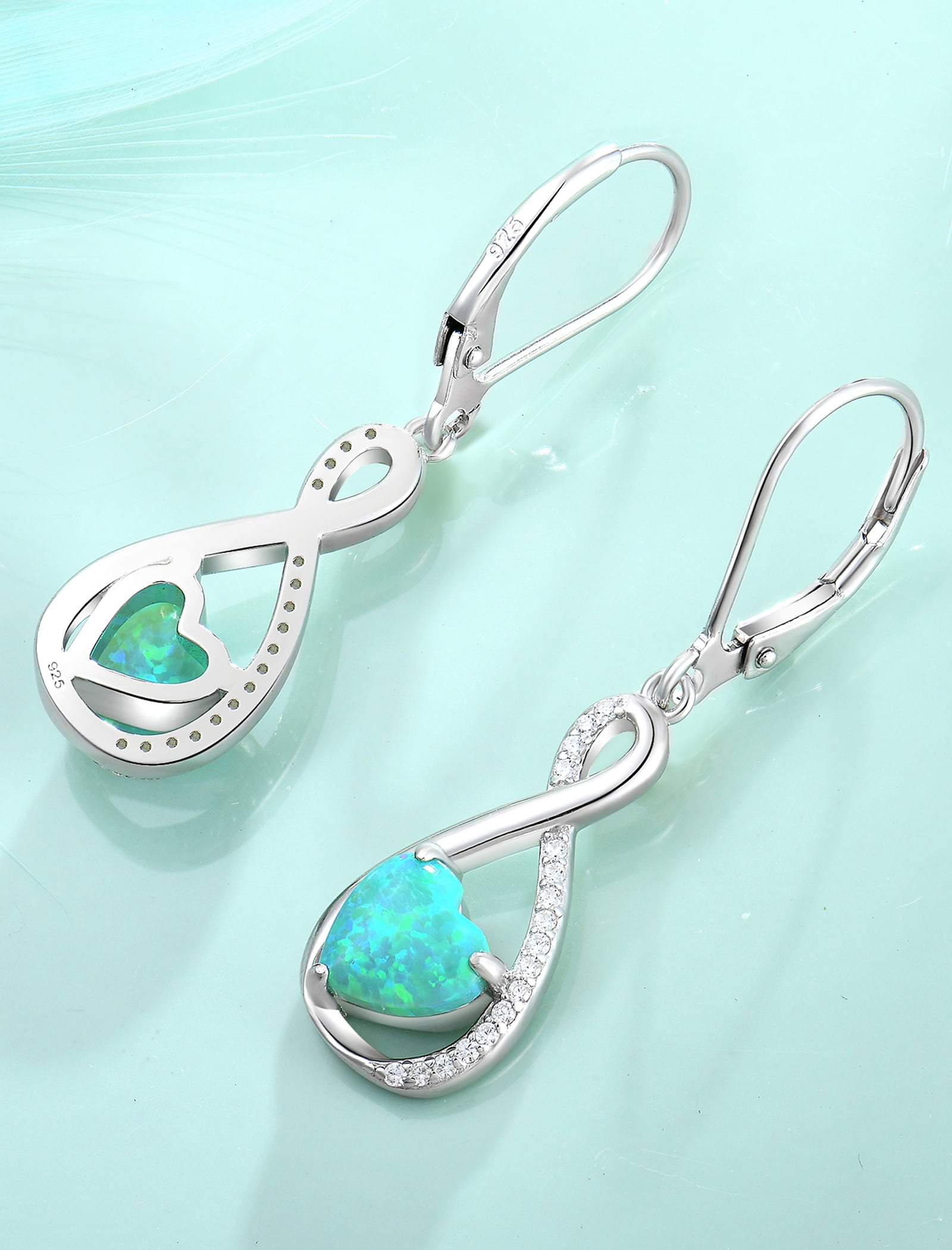 VESITIM Infinity Dangle Leverback Earrings 925 Sterling Silver Heart Earrings Created Green Opal Jewelry for Women