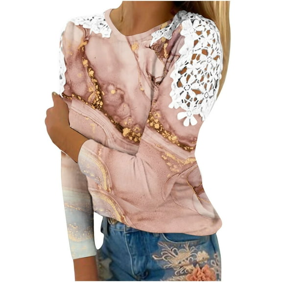 ShomPort Womens Lace Long Sleeve Tops Fall Casual Crew Neck Gradient Color Blouses Loose Comfy Shirts