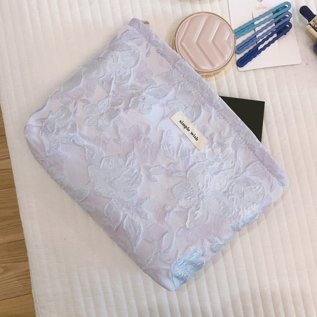 Bolsa de cosméticos impresa para mujer Bolsa de lavado de flores en relieve con cremallera de lona (azul púrpura) Ygjytge Cuidado Belleza