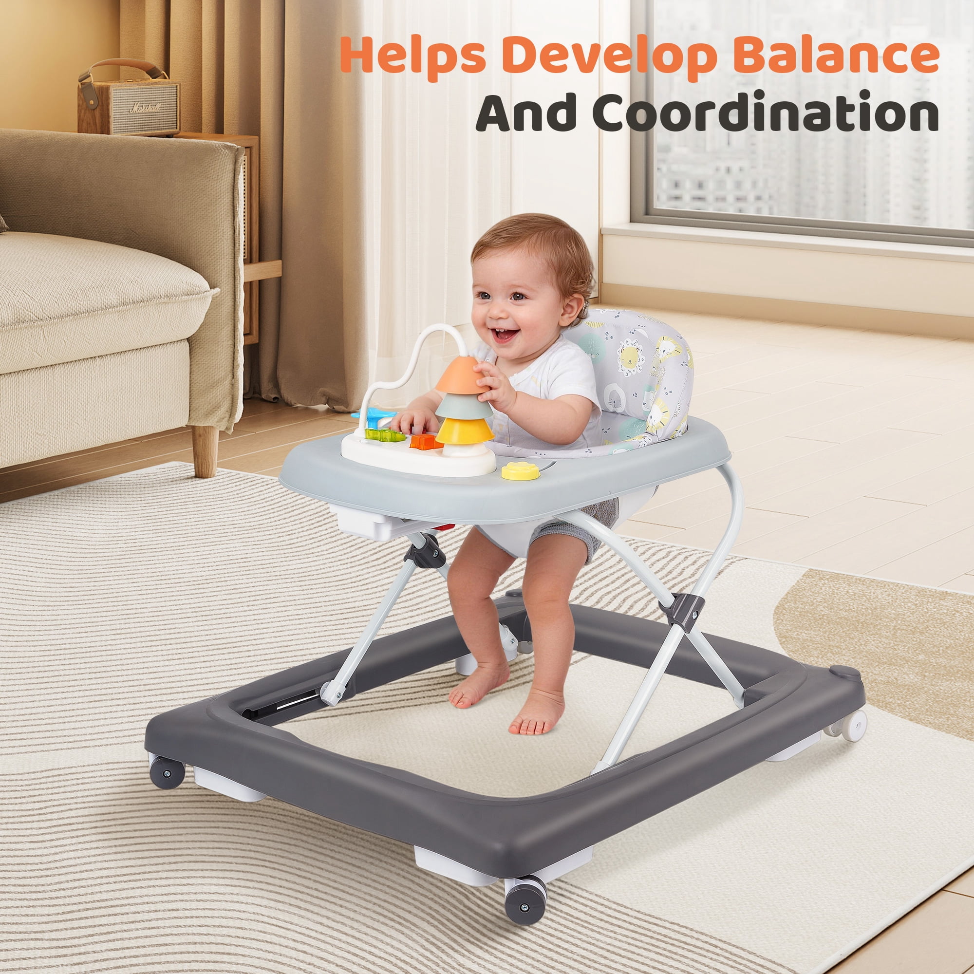 Babyeap Baby Walker,Foldable Baby Activity Walker with Wheels,Toddler Activity Centers,Removable Toys,Ages 6-15 Months,Gray