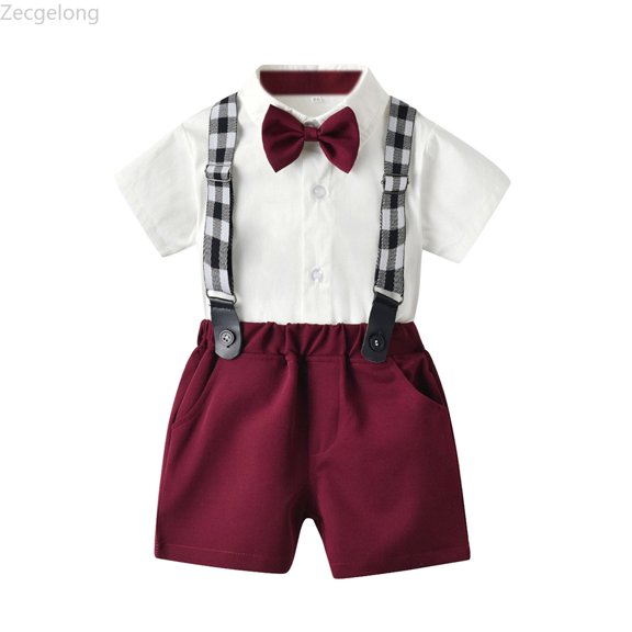 Zecgelong Toddler Boys Short Sleeve Shirt Tops Shorts With Tie Child Kids Gentleman Outfits Boys Dressy Short Sleeve Sets for Boys 3-4 Years