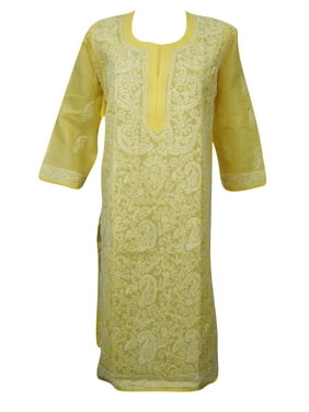 Mogul Womens Yellow Cotton Embroidered Long Sleeves Ethnic Tunic Kurti Dress L