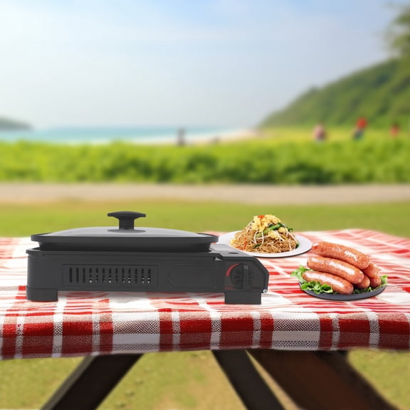2 in 1 Gas Stove with Grill Pan and Lid Portable Butane Gas Camping Stove