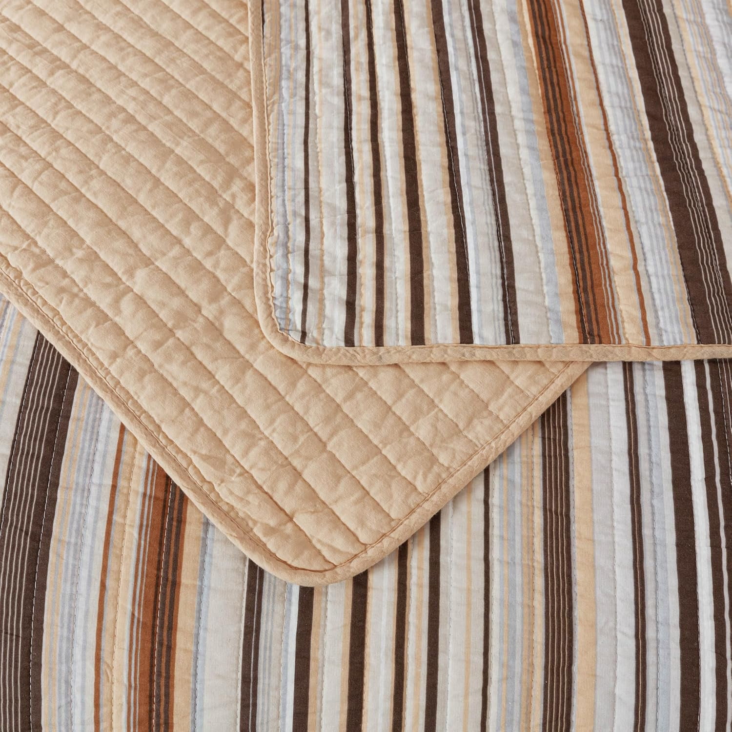 Chezmoi Collection Avery Striped Cotton Quilt Set Queen Size, 3-Piece Soft Pre-Washed 100% Cotton Quilt, Multi-Color Brown