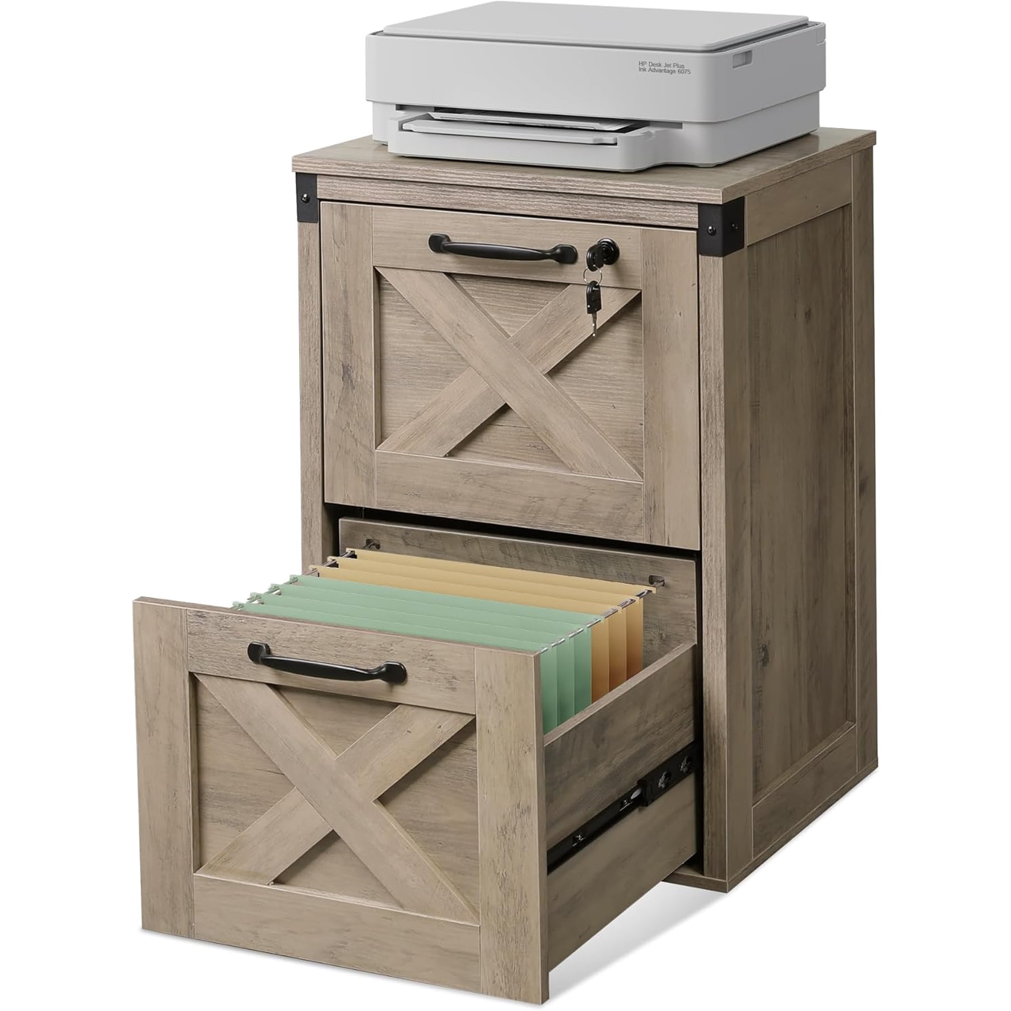 2-Drawer File Cabinet with Lock Office Filing Cabinets Gray Oak | Printer Stand Letter & A4 Compatible Home Office Wood Locking Vertical Storage Cabinet Farmhouse Style