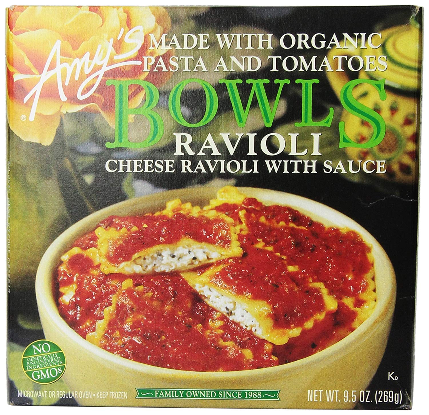 Amy's Frozen Bowls, Cheese Ravioli with Sauce, Non GMO, 9.5Ounce