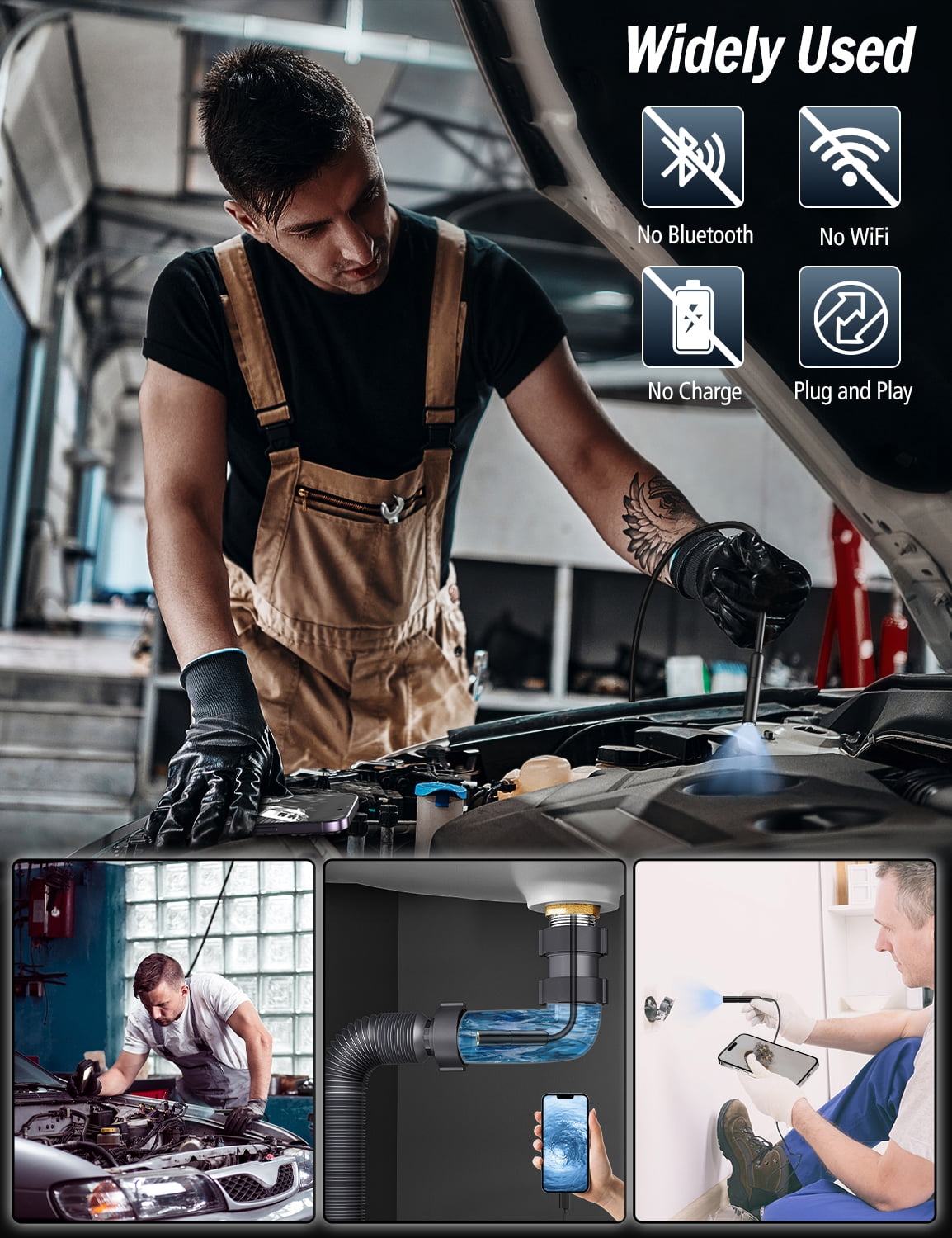Endoscope 1920P HD IP67 Lens with 8 LED Lights Inspection Camera Semi-Rigid Cable (16.5 FT/5M)